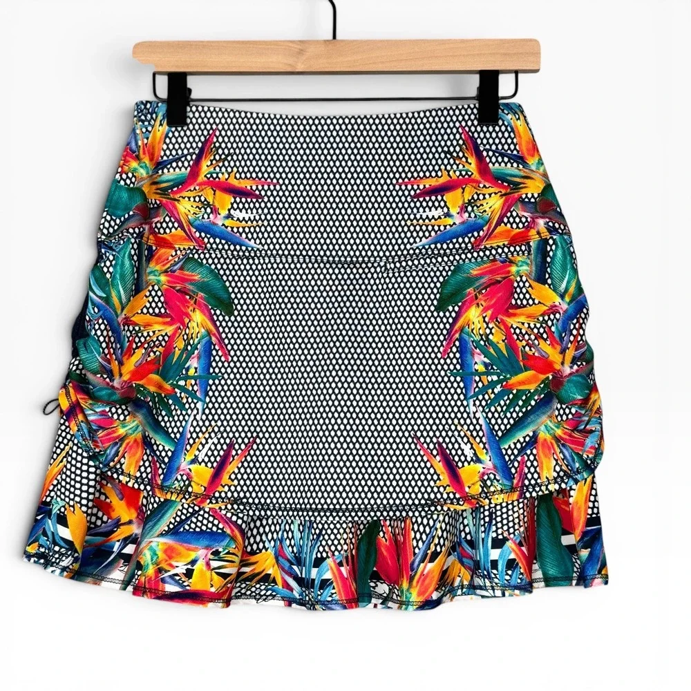 Lucky in Love Copa Ruched Tennis Skort Small Multicolor Floral Bird of Paradise